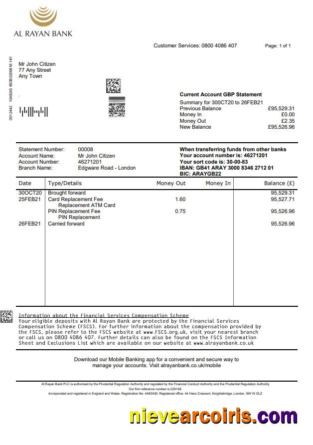 United Kingdom Al Rayan bank statement in Word and PDF format